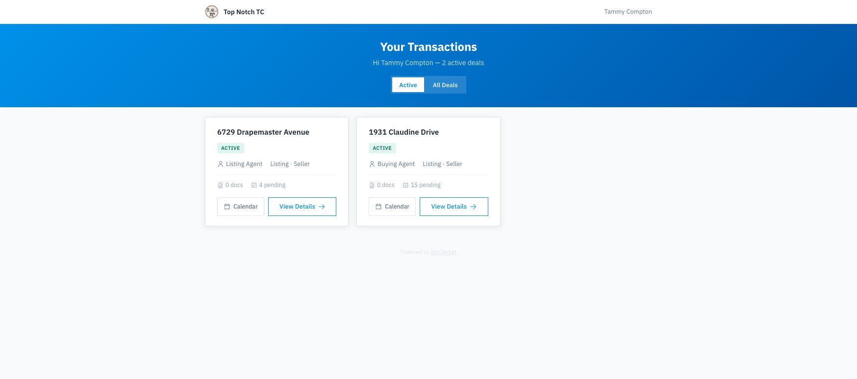 Agent portal hub with active transaction cards, calendar shortcuts, document counts, pending task counts, and View Details actions