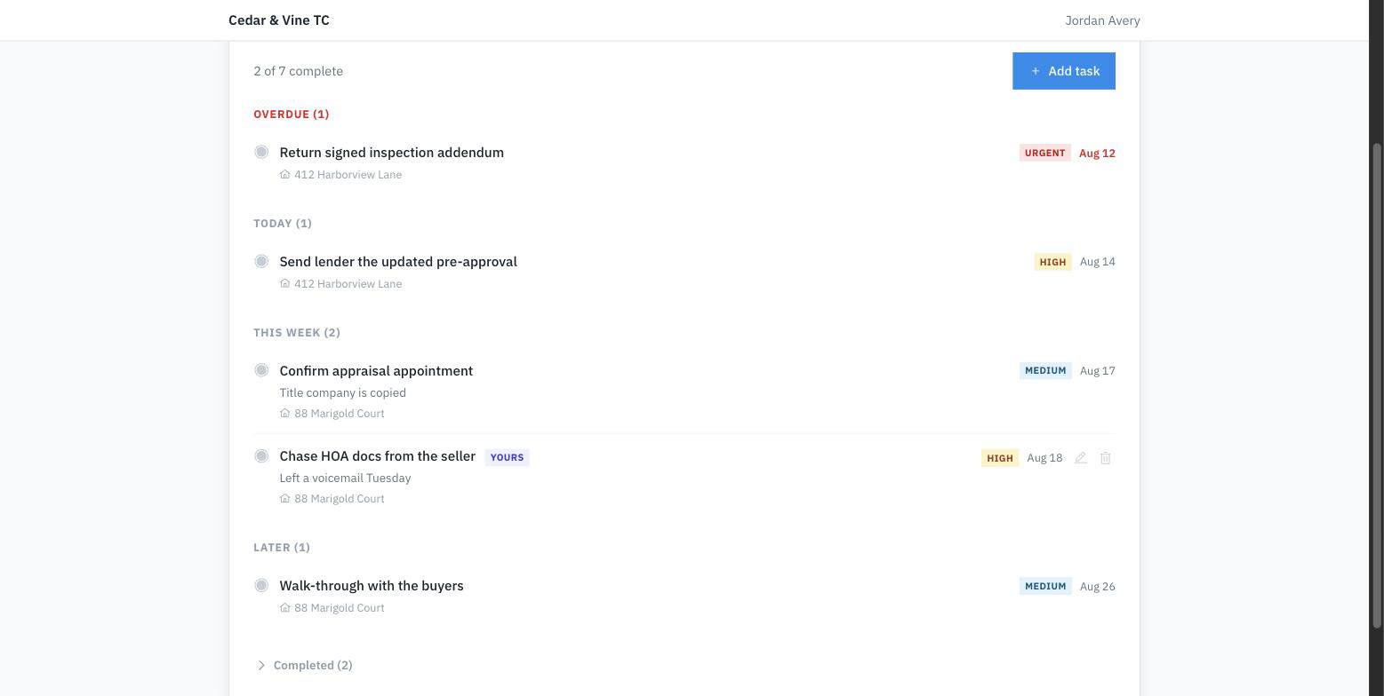 Agent portal My Tasks list grouped into Overdue, Today, This week, and Later, each row showing its property address, priority, and due date, with a collapsed Completed group at the bottom