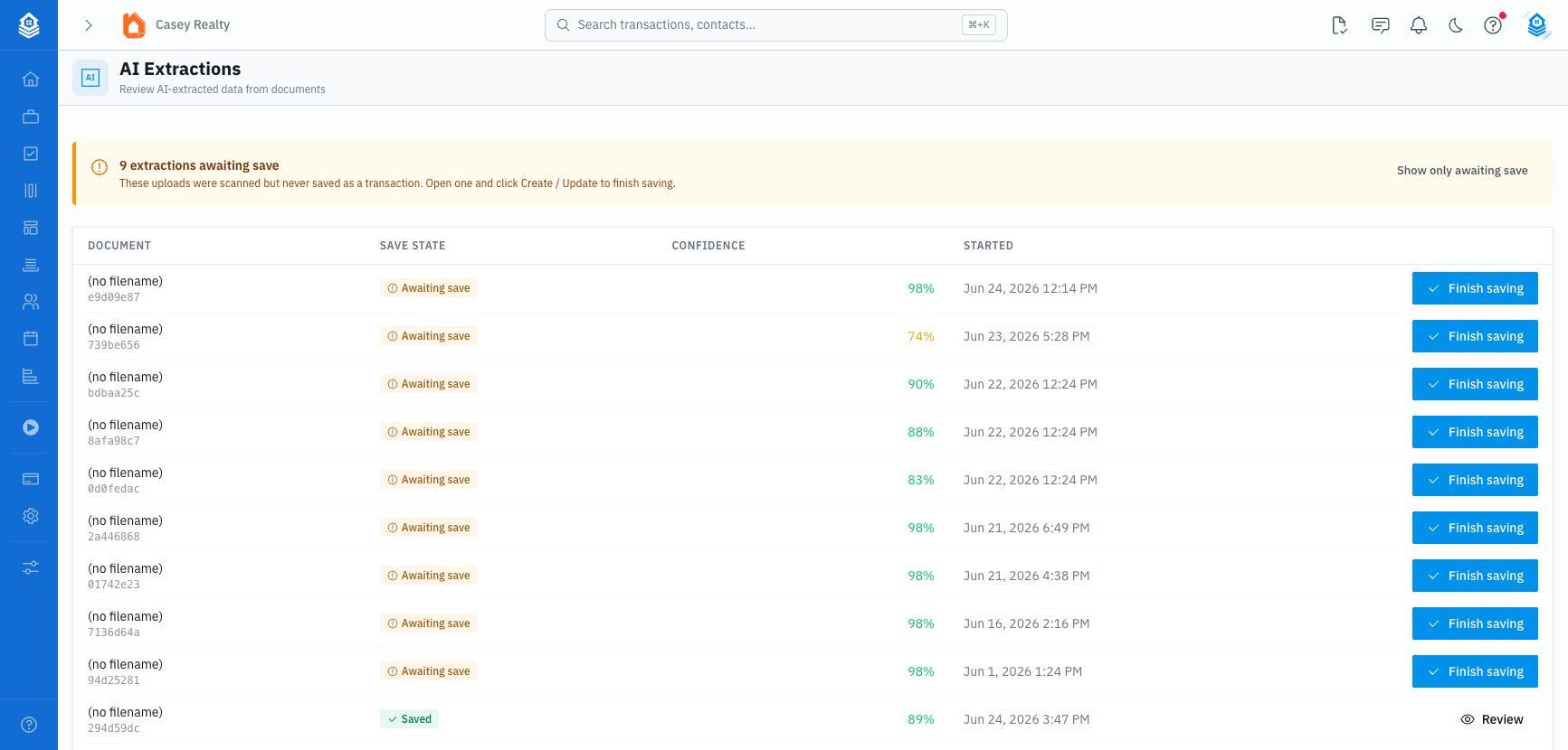 AI Extractions page with an awaiting-save banner, save-state column, confidence values, and Finish saving actions