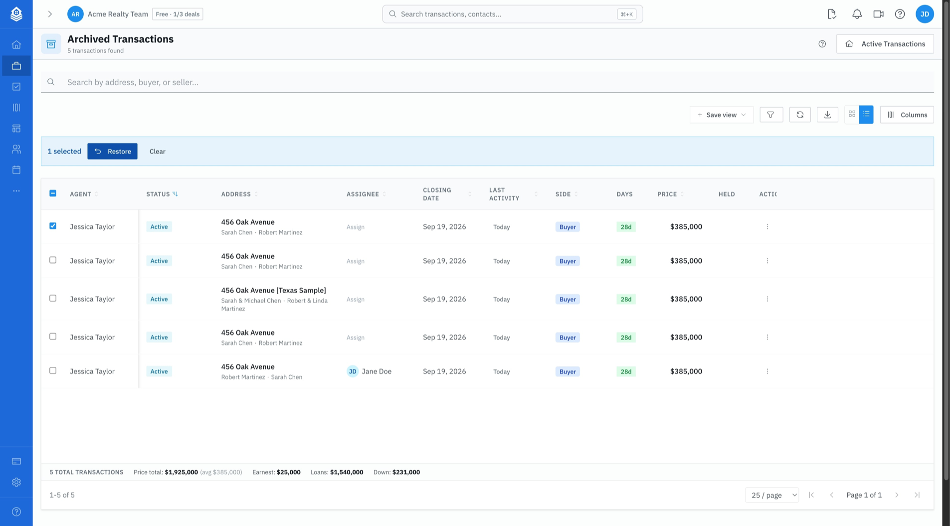 Archived Transactions view with a row selected and the Restore action showing