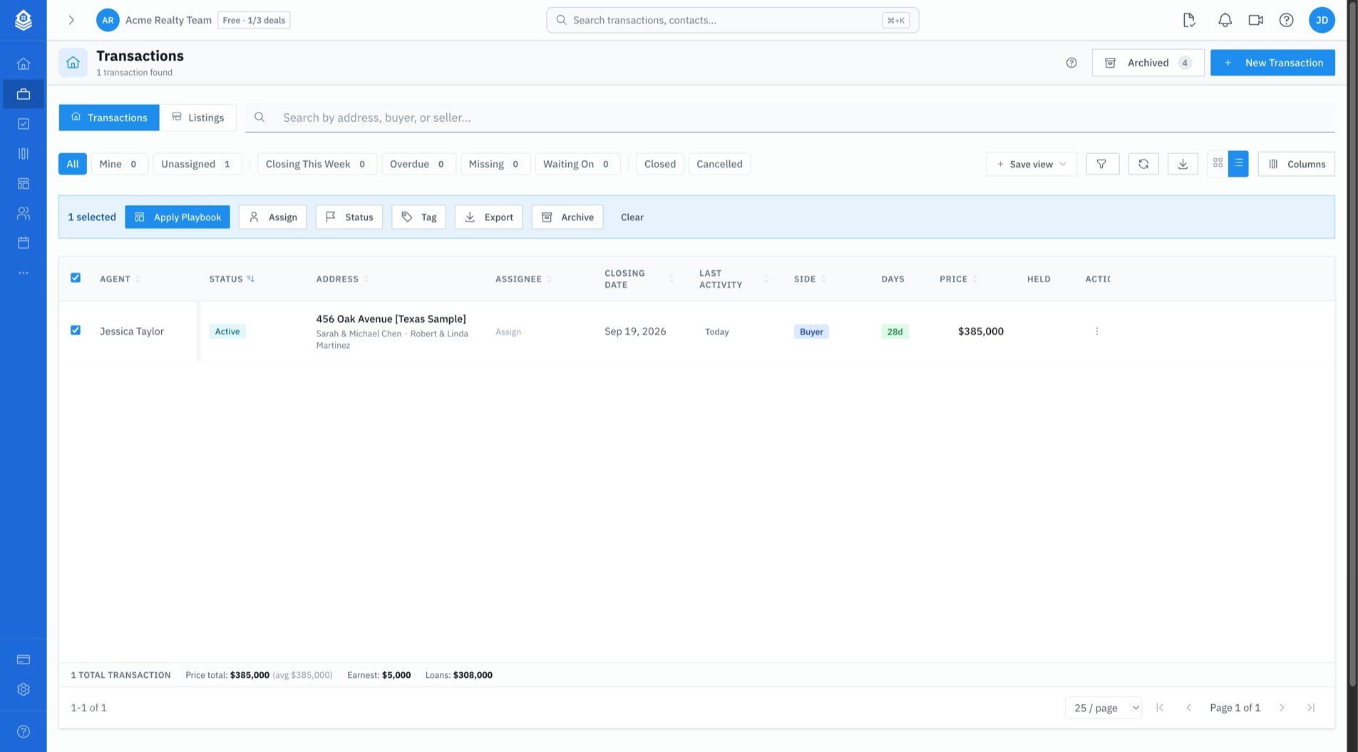 Transactions list with one row selected and the Archive bulk action showing
