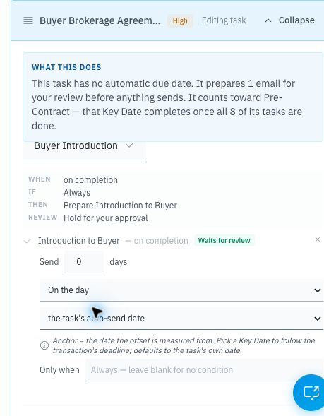 Task on-completion rule with an email template, role-based recipients, and Require review before sending turned on