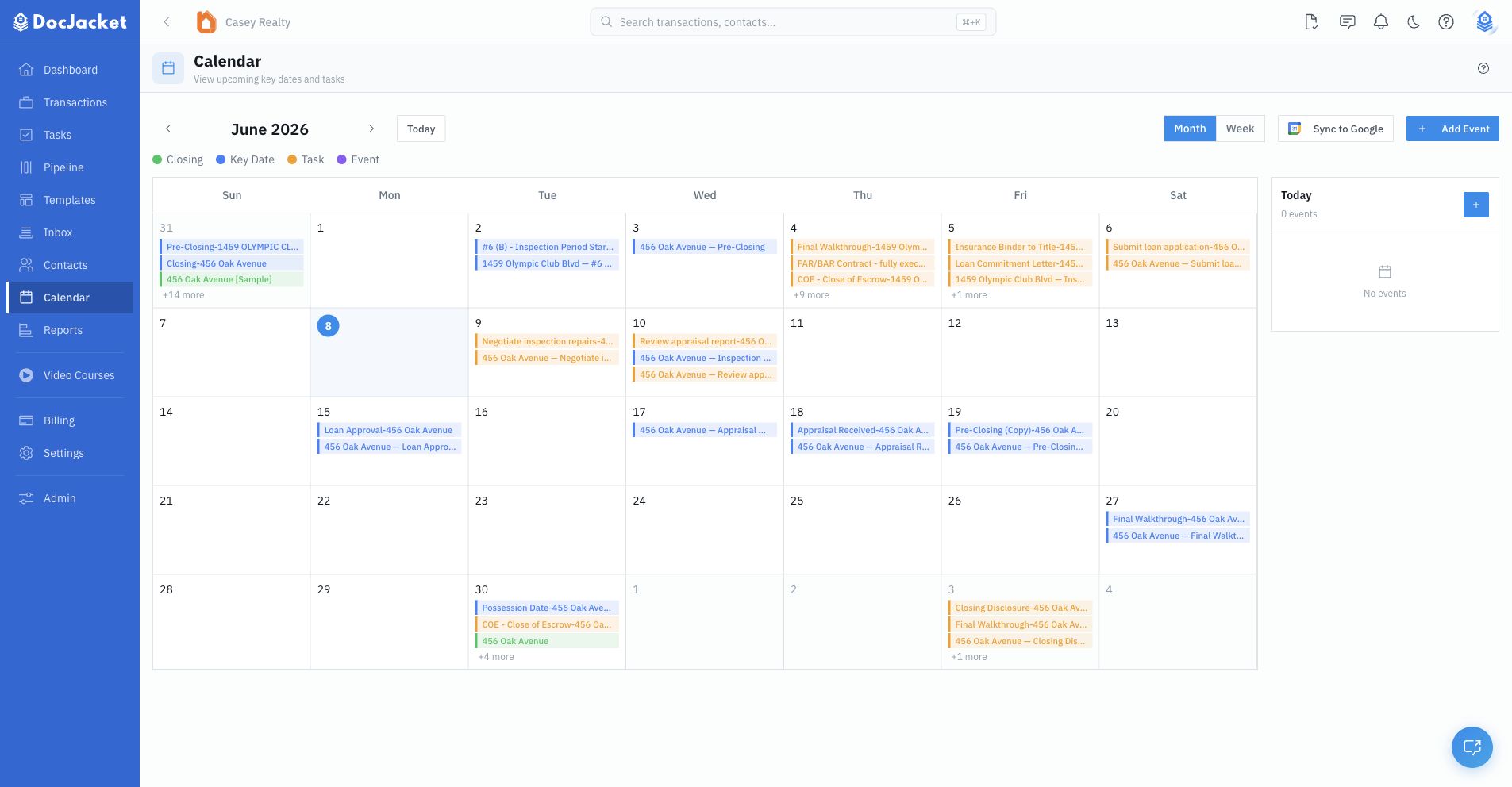 Calendar month view with color-coded closing, key date, task, and event entries