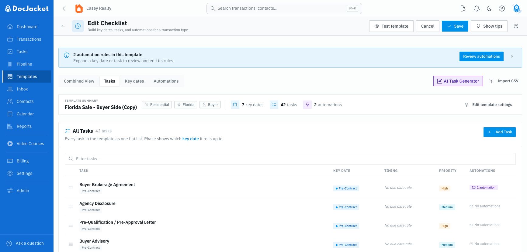 Checklist builder with Template Summary, task tabs, AI Task Generator, Import CSV, and task rows grouped by key date