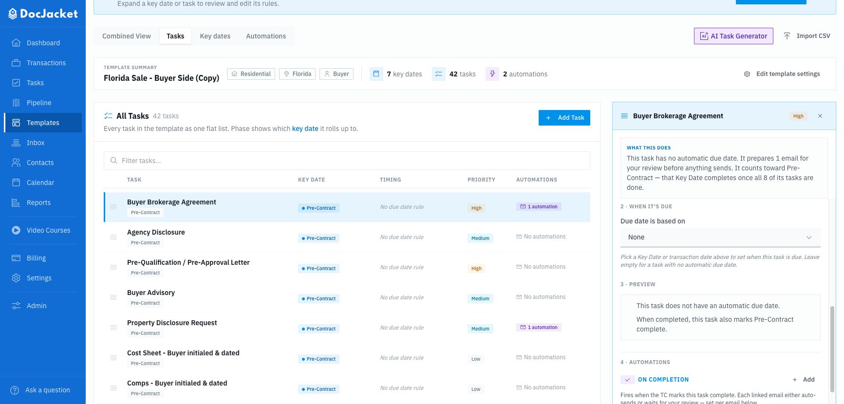 Checklist task automation settings in the reusable checklist builder