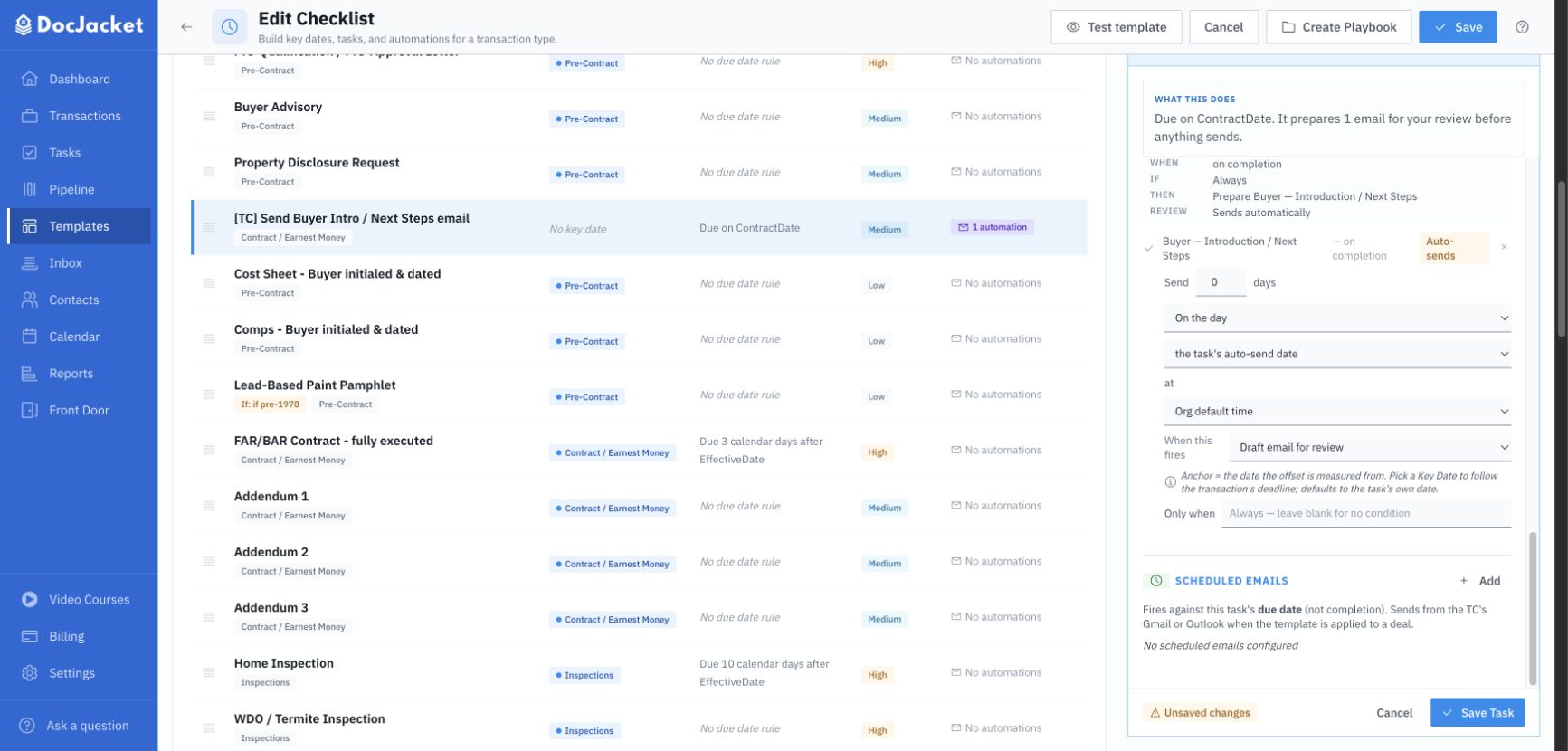 Checklist task automation settings in the reusable checklist builder