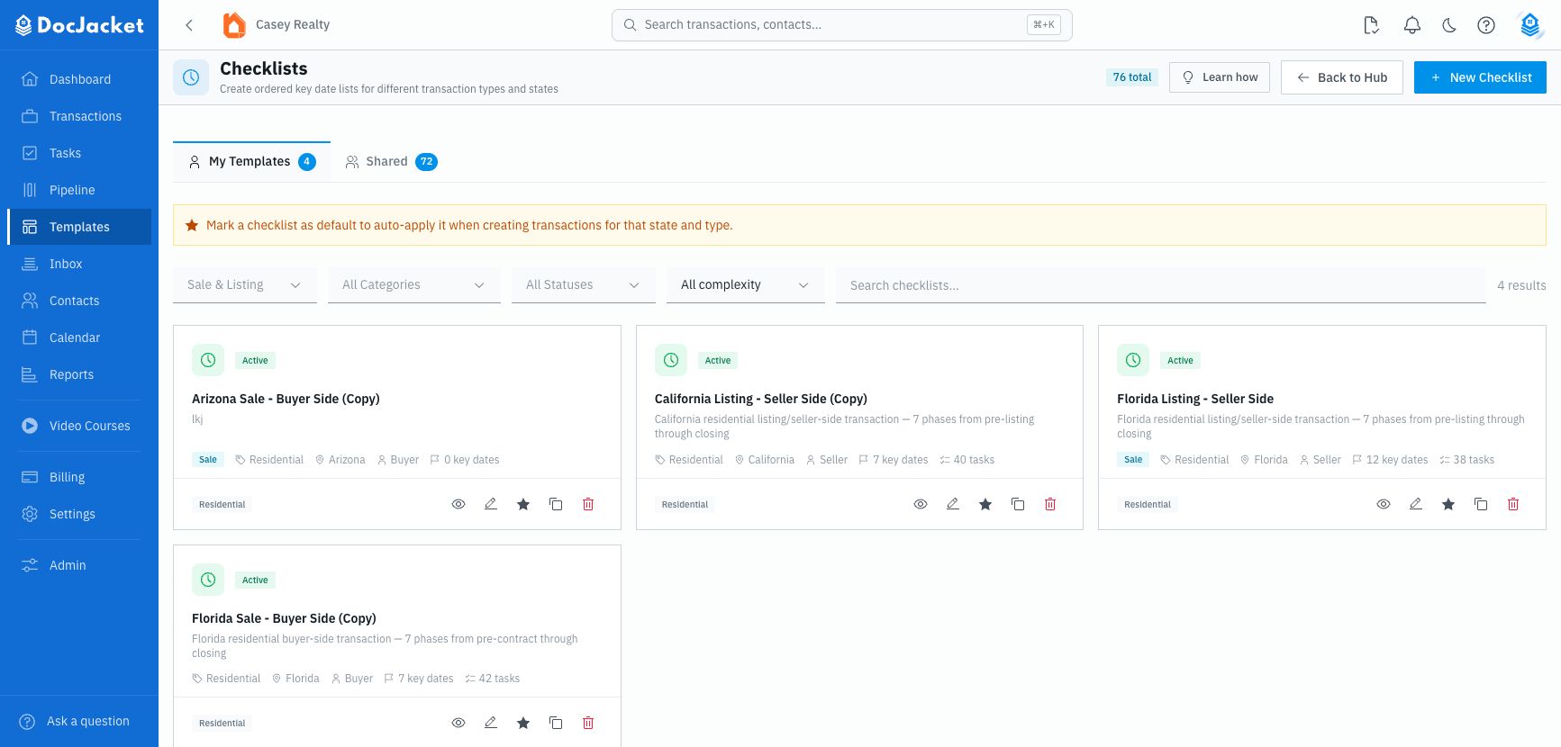 Checklists list page with My Templates, Shared templates, filters, default checklist guidance, and checklist cards