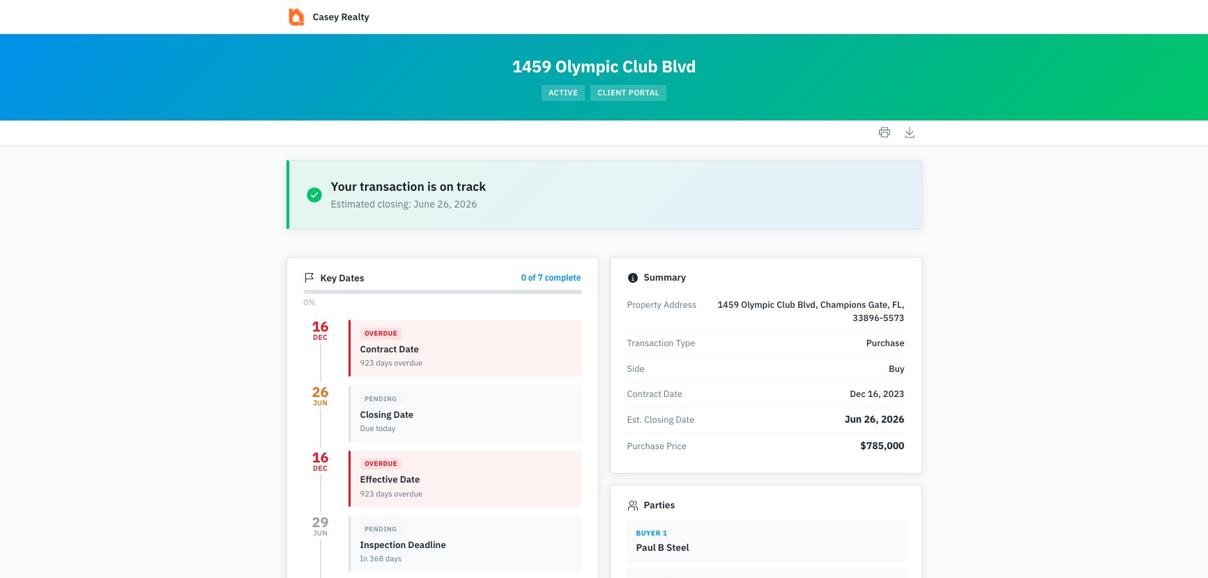 Client portal overview with branded header, transaction status, key dates, summary details, and parties