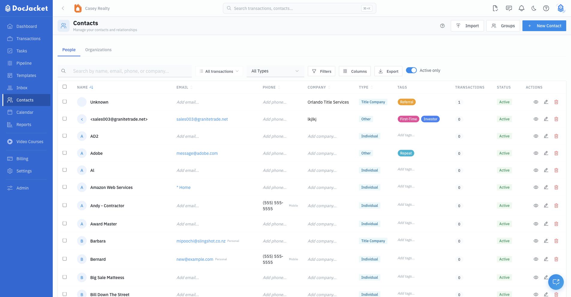 Contacts directory with People and Organizations views, filters, columns, import, groups, and export controls