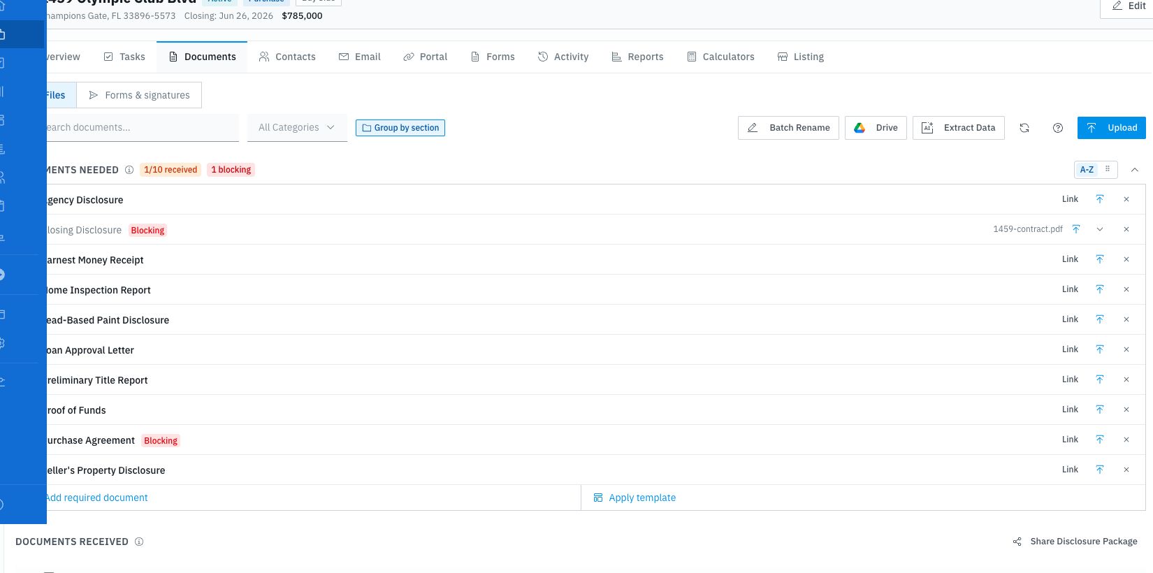 DocDrop files appear in the transaction documents tab