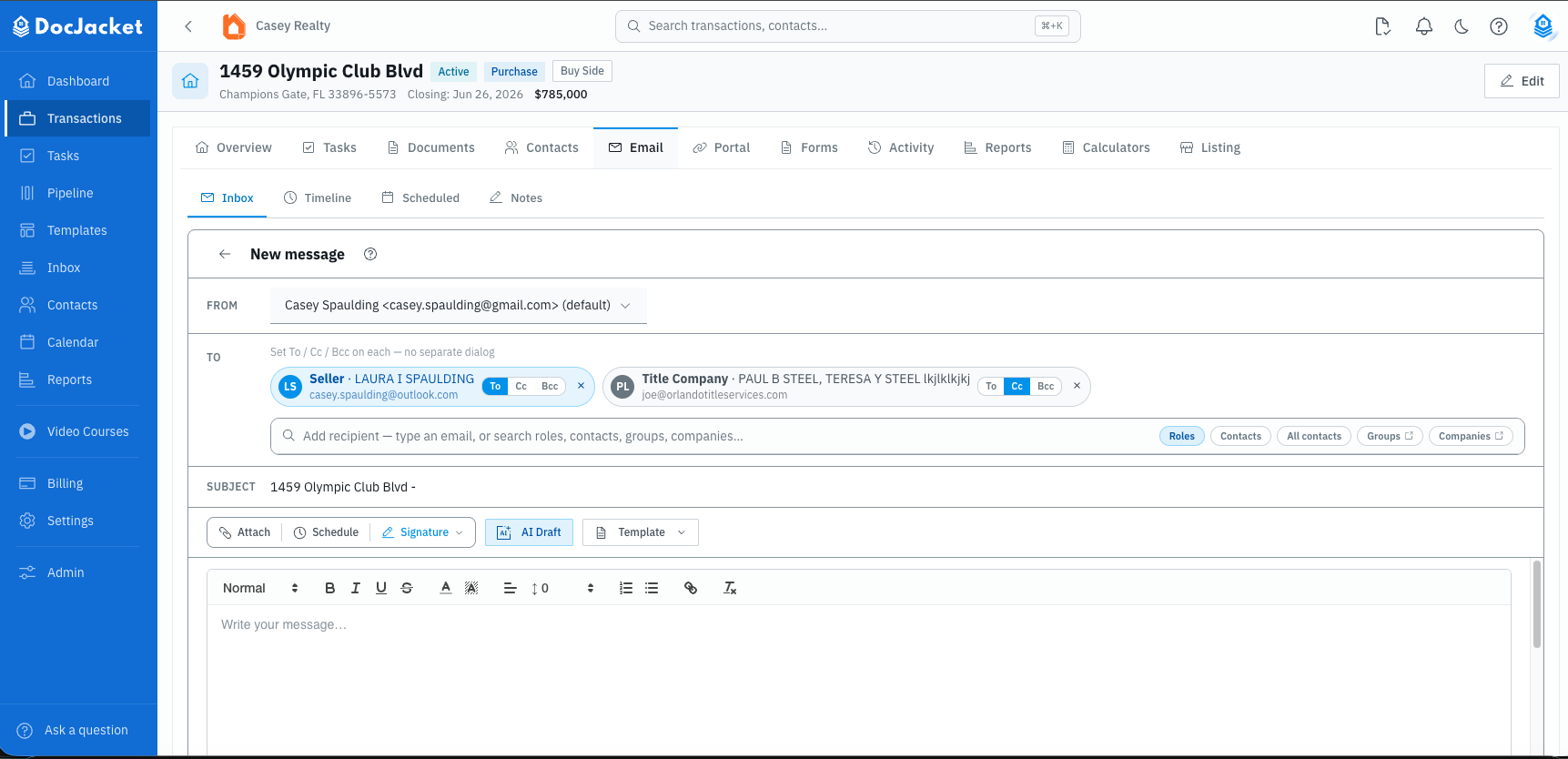 New message composer with recipient chips, schedule controls, signature, AI draft, and template actions