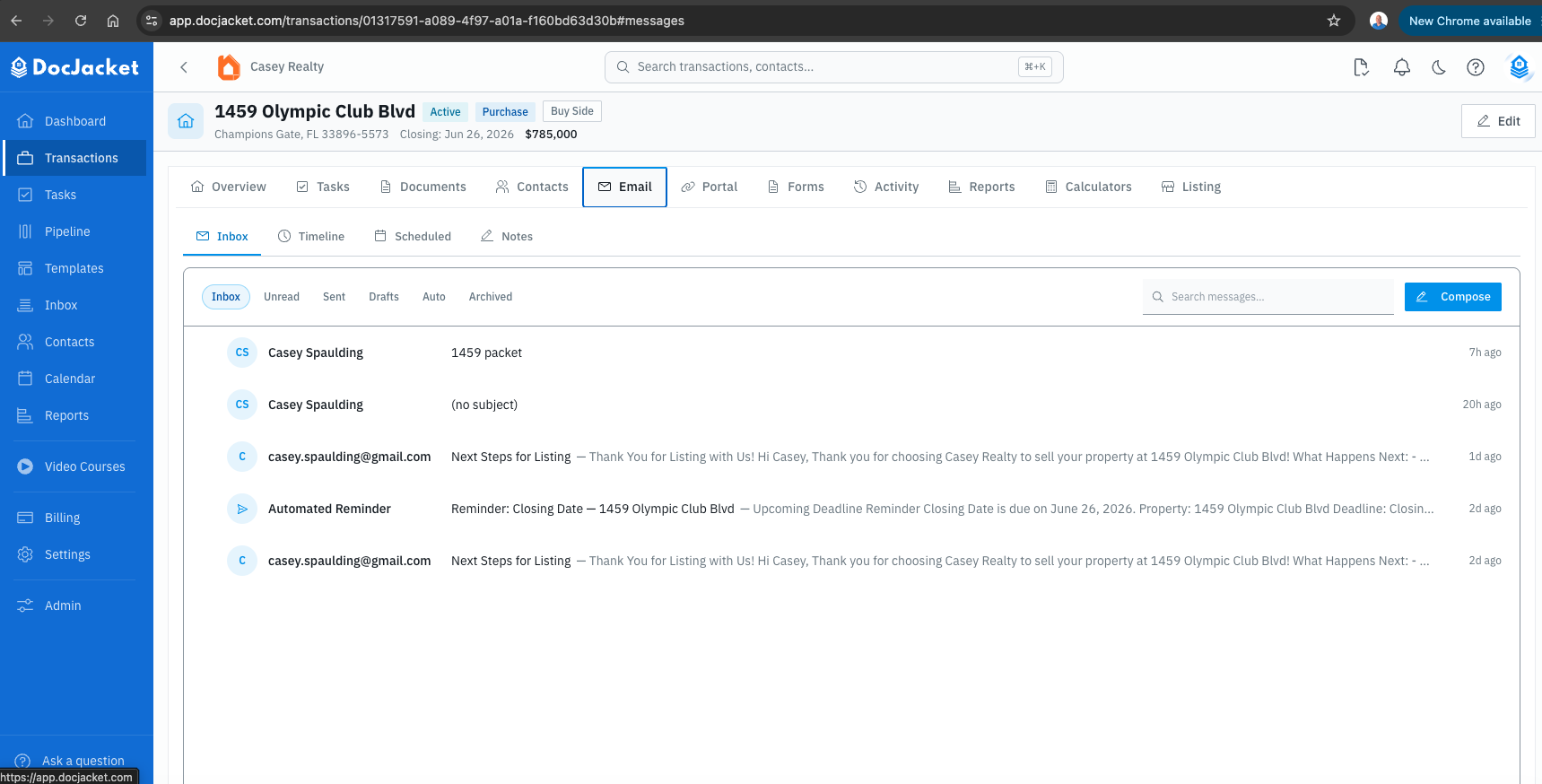 Transaction Email tab with Inbox, Timeline, Scheduled, and Notes views