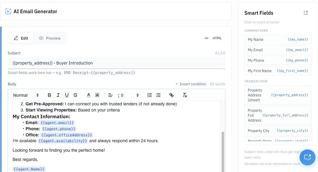 Email template editor with a property-address subject line, a short body, and smart fields