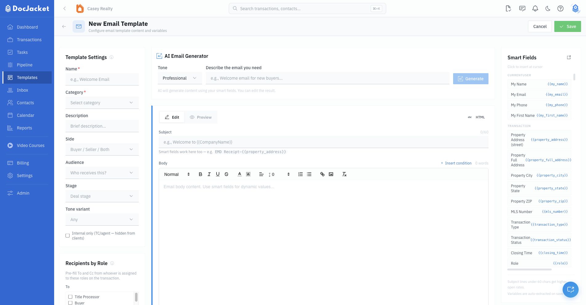 New Email Template builder with template settings, recipients, AI generator, rich editor, smart fields, and auto-attach documents