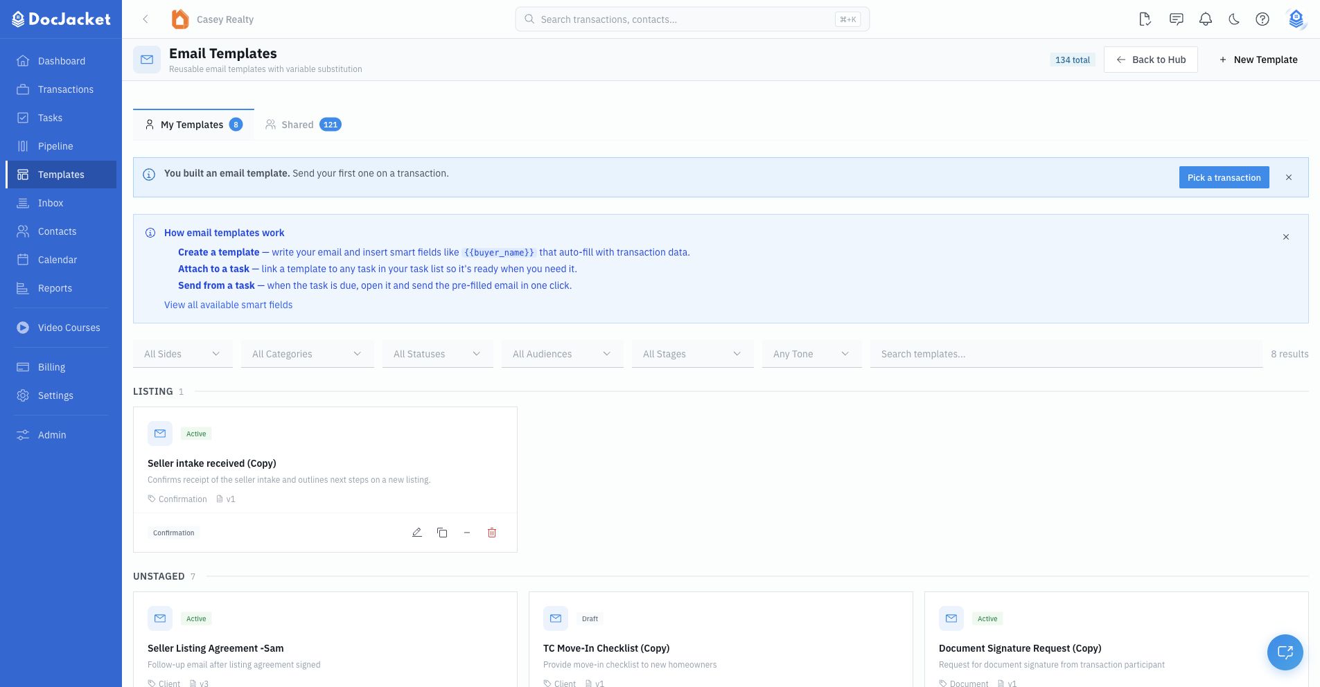 Email Templates page with My Templates, Shared templates, filters, grouped cards, and available variables