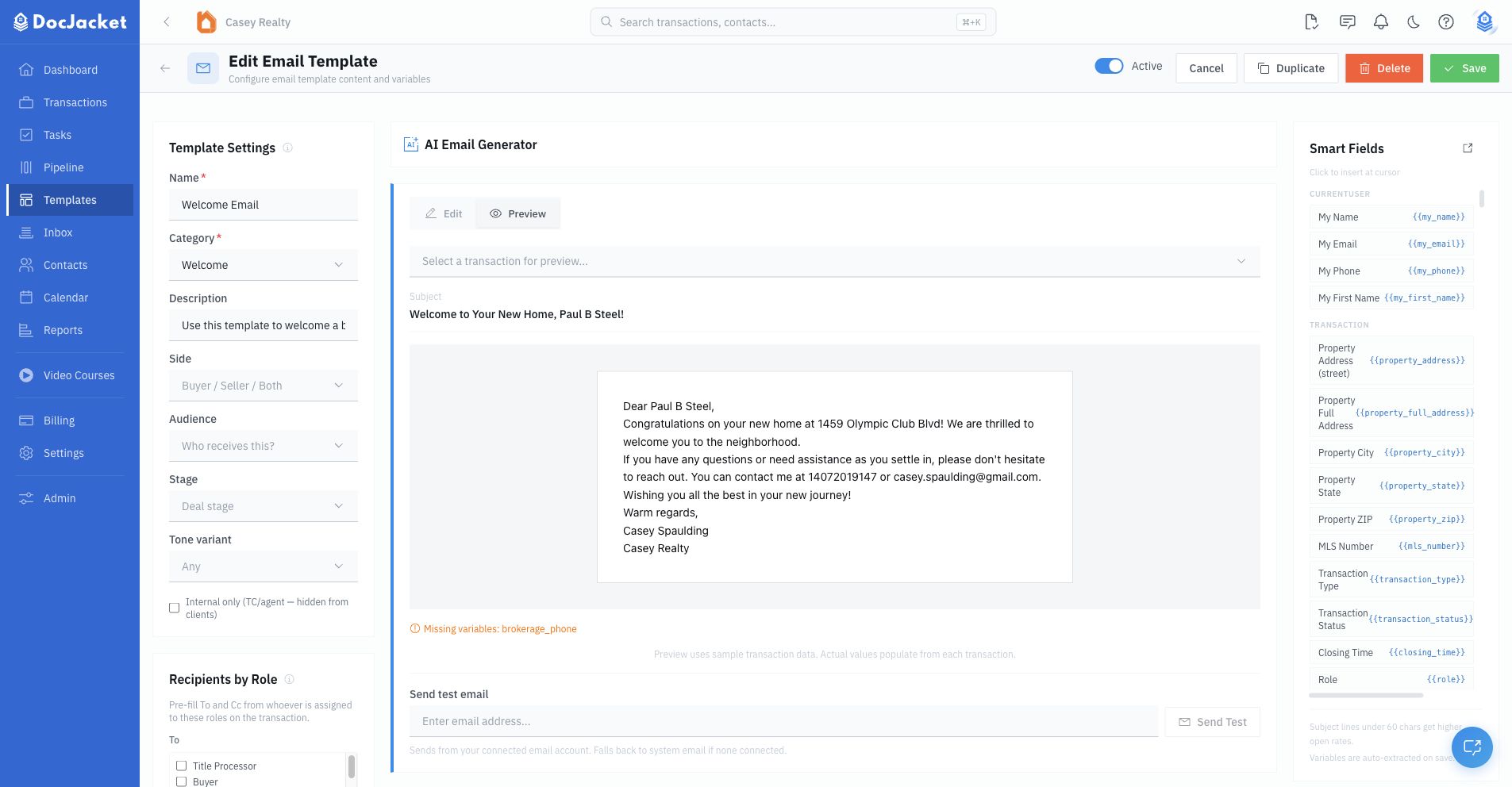 Email Template Preview tab showing rendered subject, body, missing-variable warning, and Send Test controls