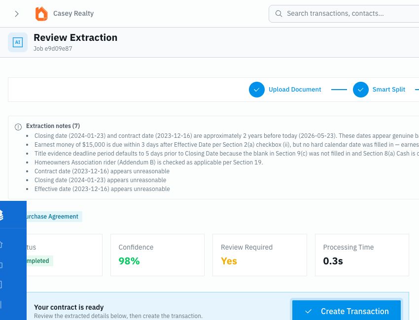 Extraction review screen showing extraction notes, confidence, review-required status, destination, apply options, and final save action