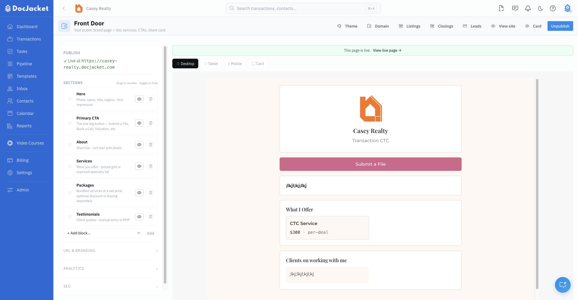 Front Door admin page with section controls and live preview