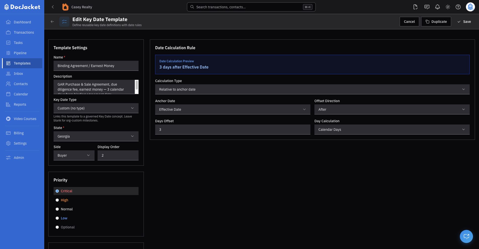 Key date rule editor with template settings, Key Date Type, state, side, priority, and a live date calculation preview