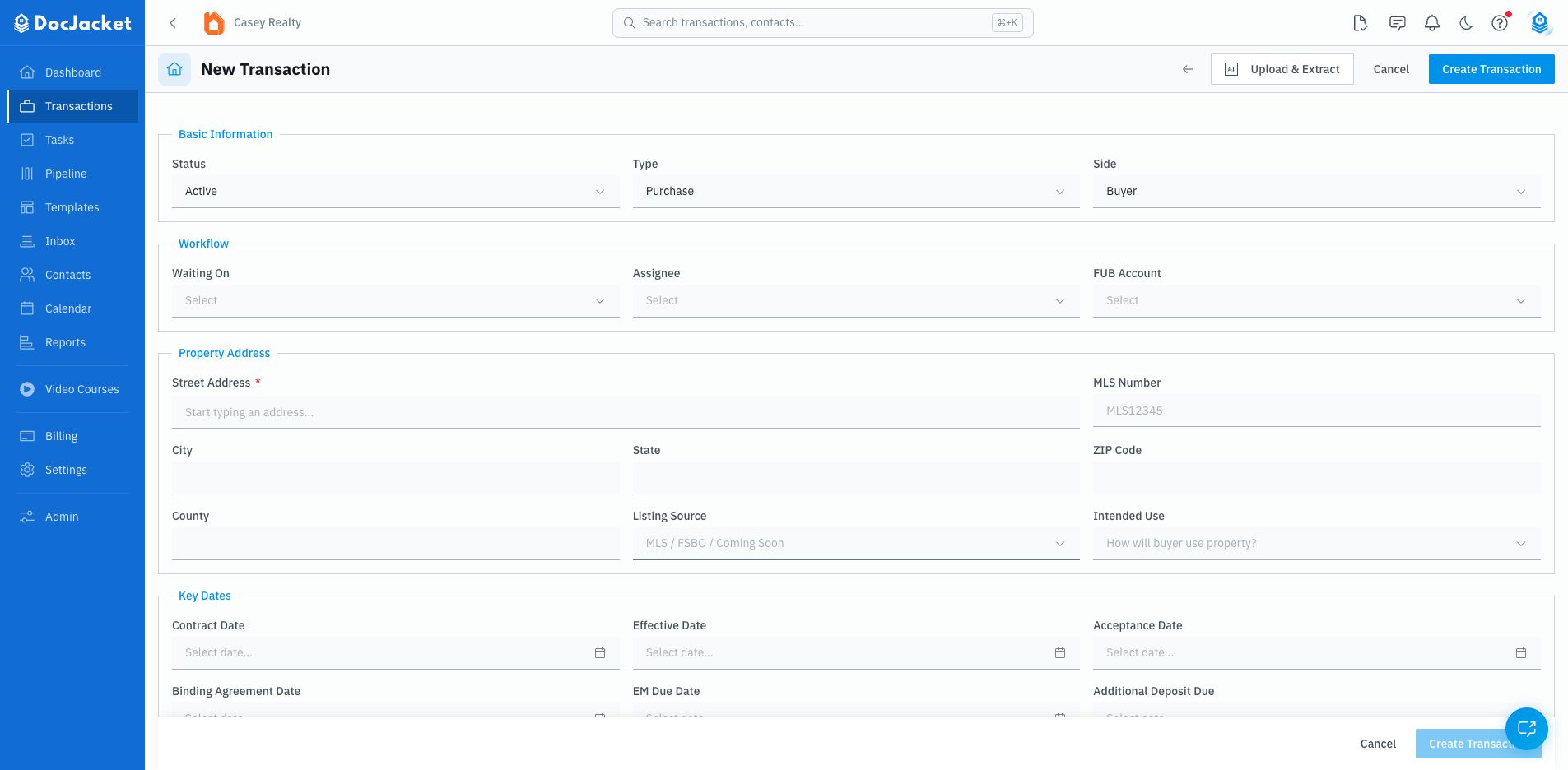 Manual New Transaction form with basic information, workflow, property address, and key date fields