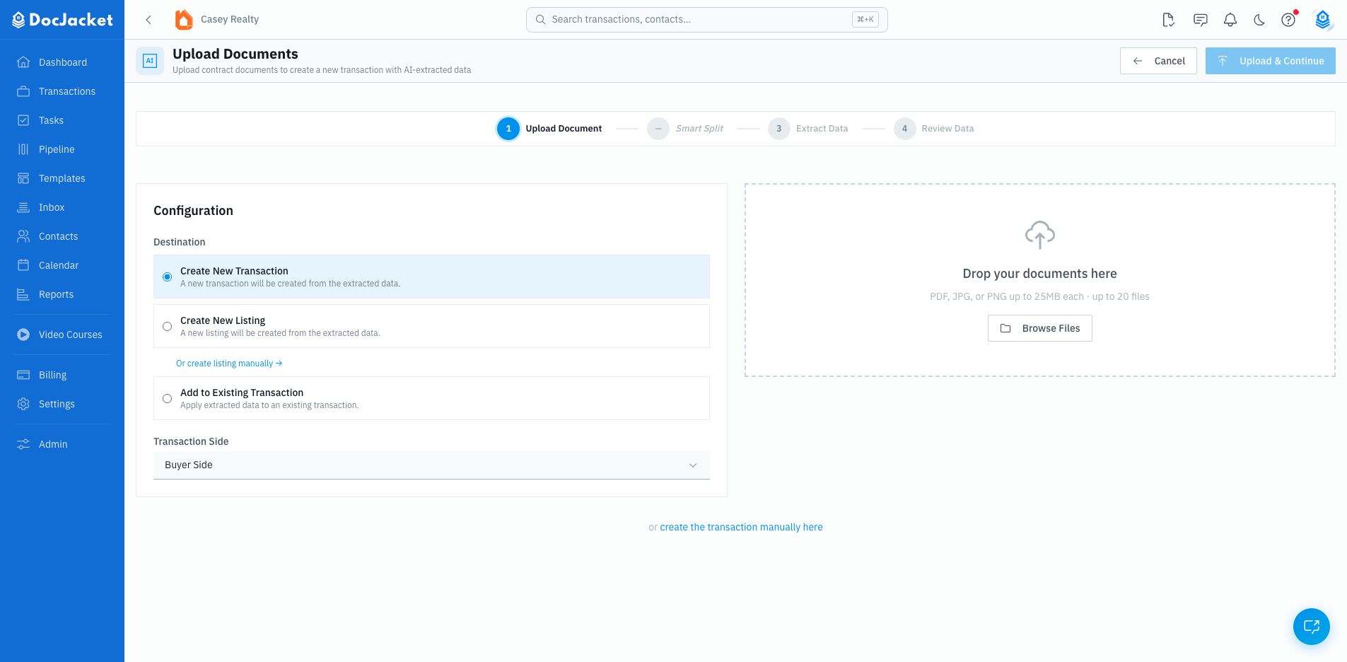 Upload Documents screen with Create New Transaction selected and a document drop zone