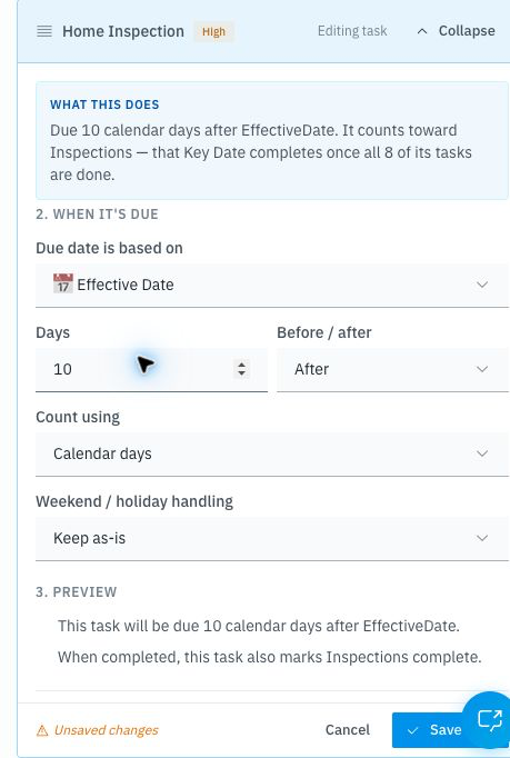 Task editor with the due date set relative to a key date — for example, 3 days after the Inspection Deadline