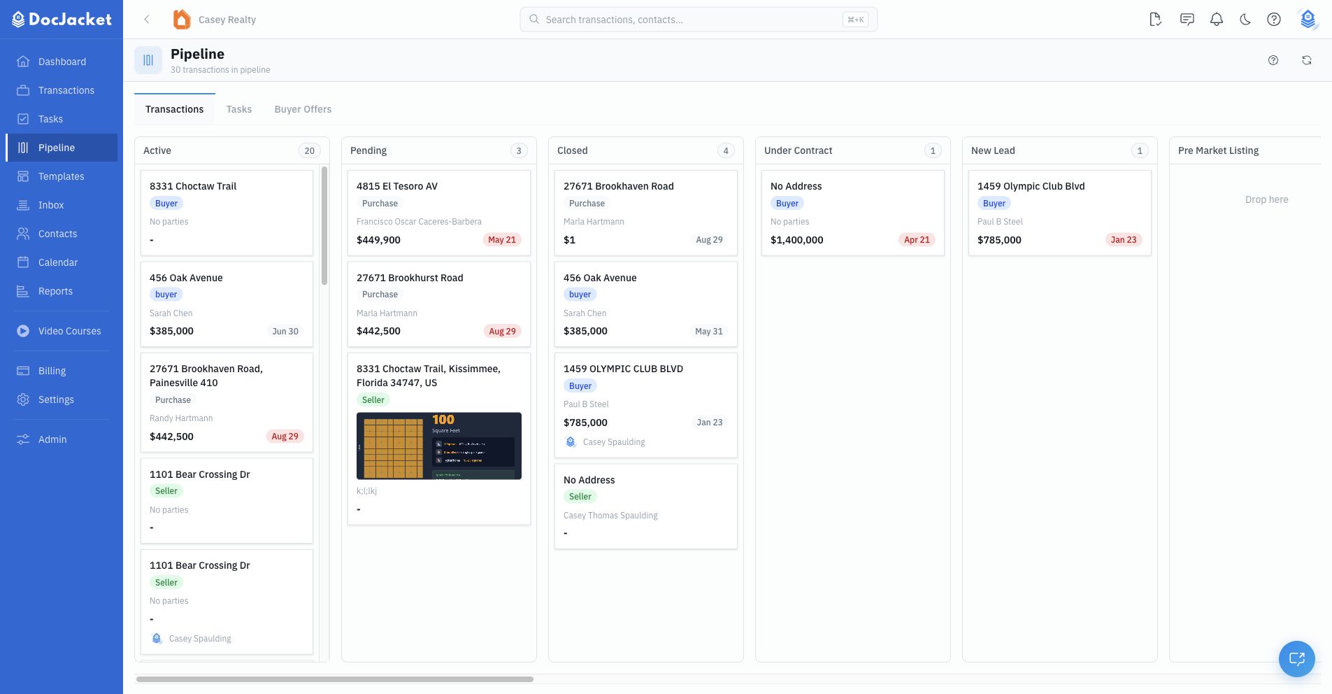 Pipeline page with transaction status columns and draggable transaction cards