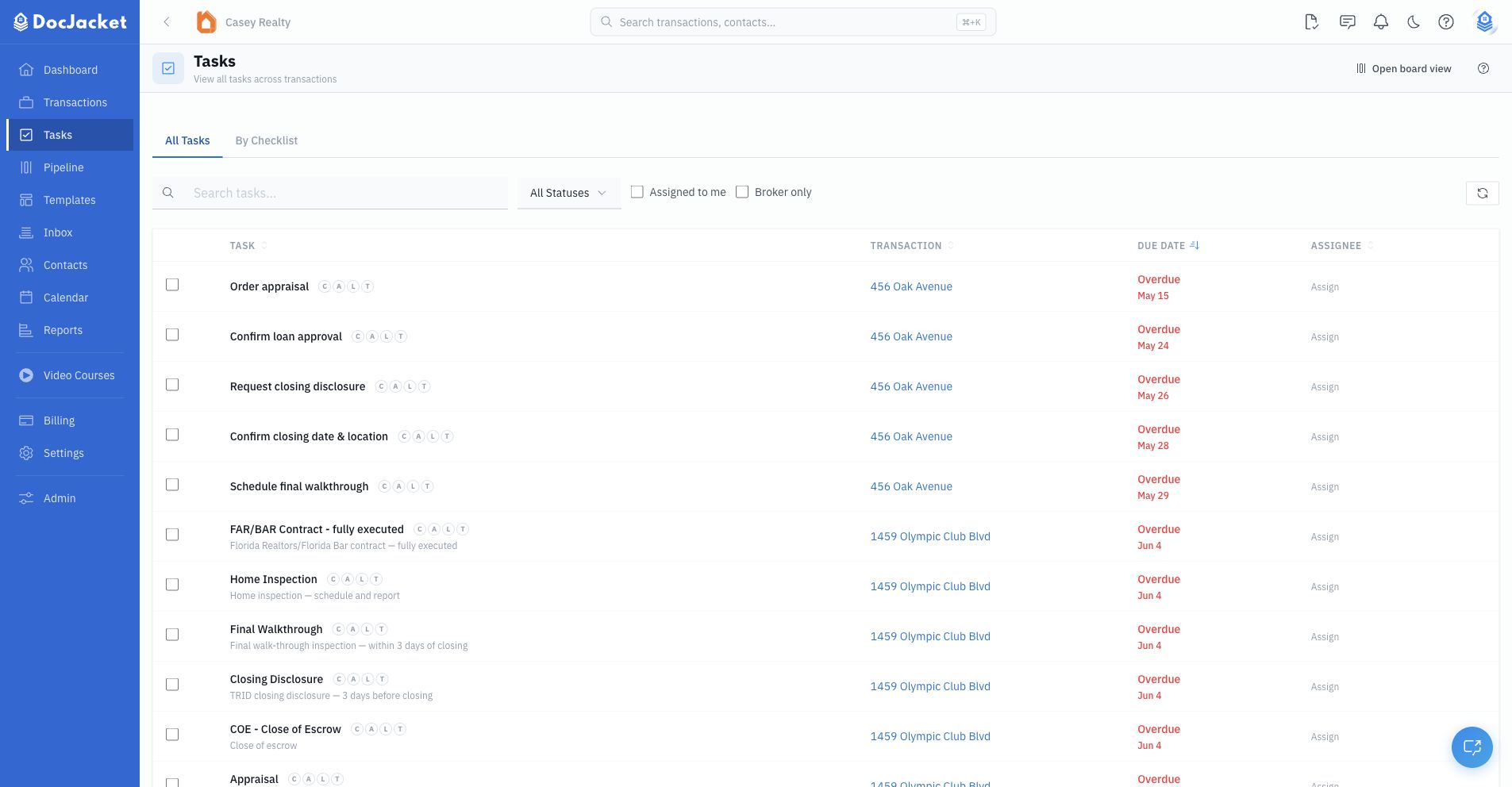 Organization-wide Tasks page with filters, saved views, and task rows