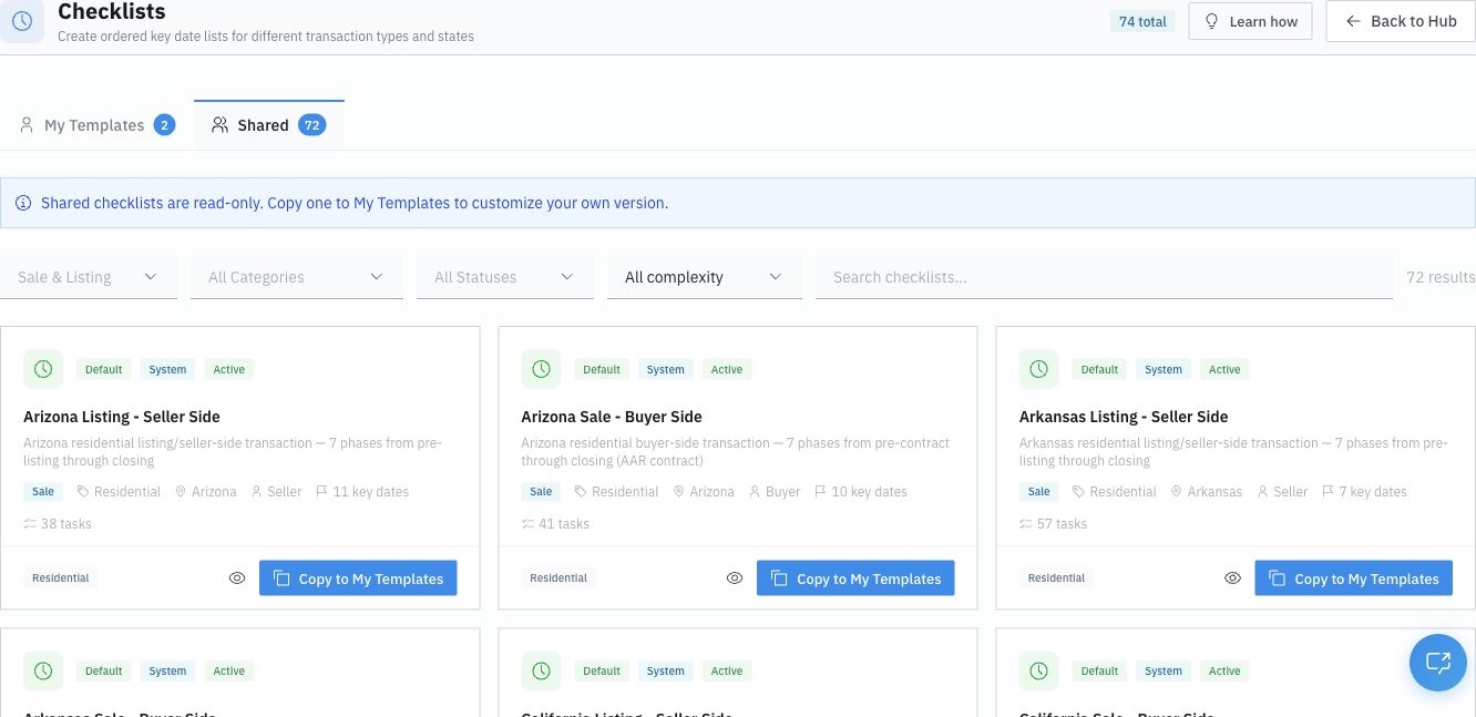 Checklists list showing several named templates — buyer side, seller side, listing, and a client team template