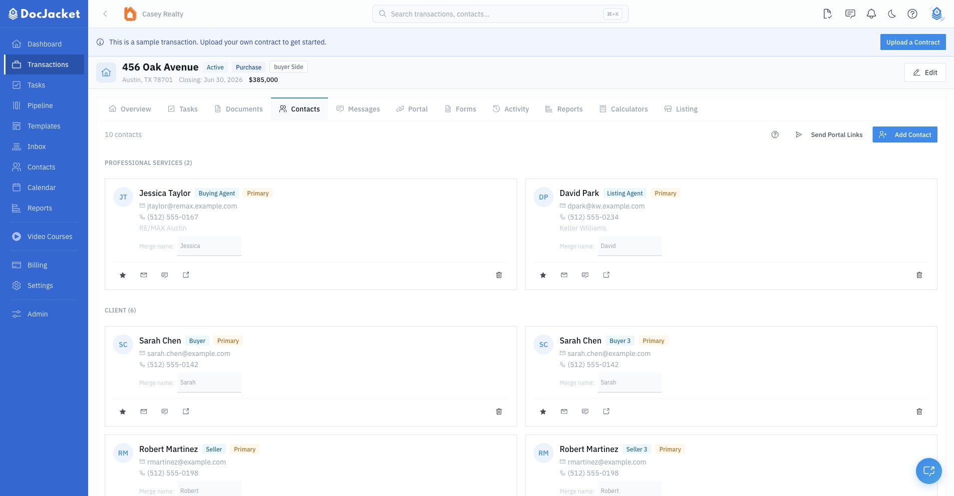 Transaction Contacts tab with buyers, sellers, agents, and professional services organized by role
