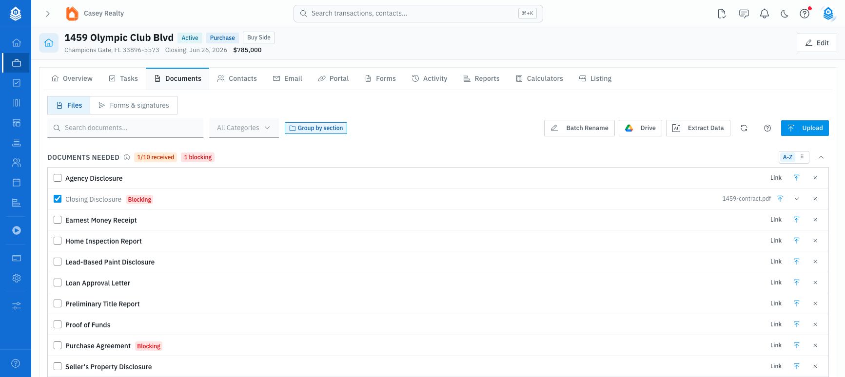 Transaction Documents tab with the Files subtab selected, document requirements, Documents Received, and the Extract Data action