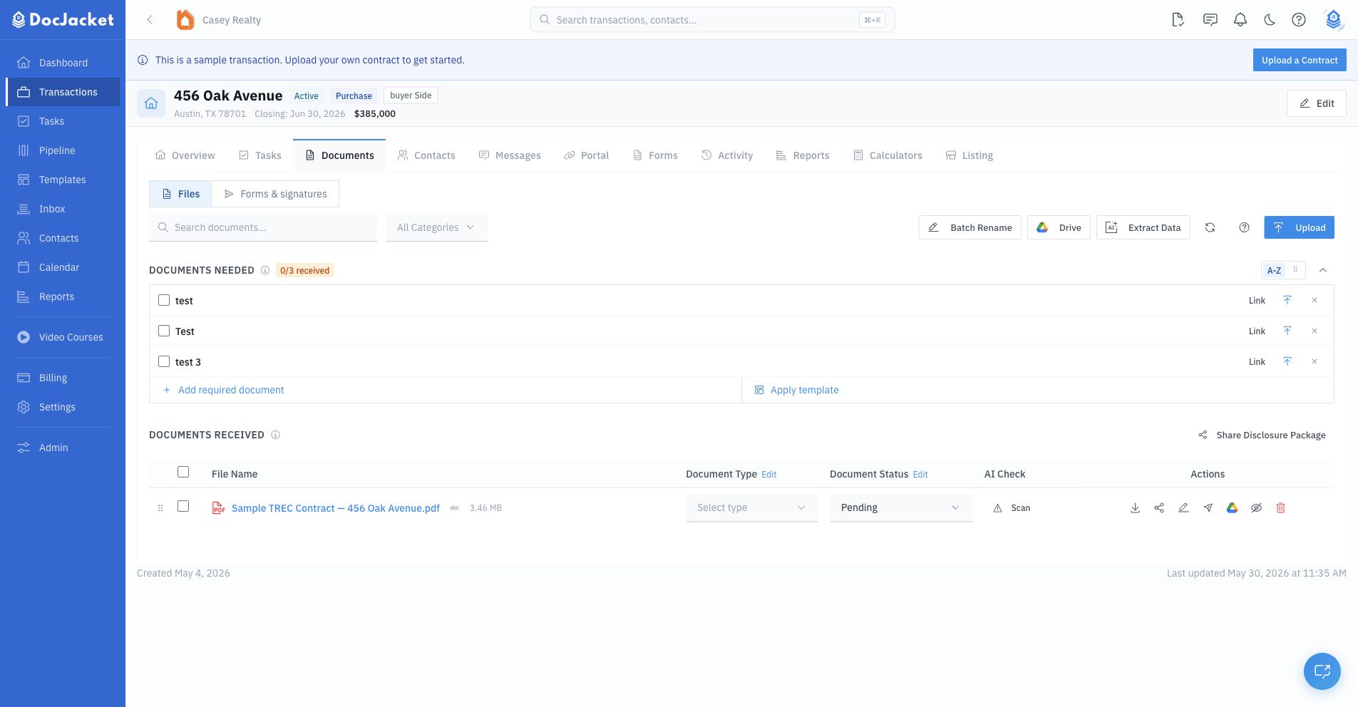 Transaction Documents tab with Documents Needed and Documents Received