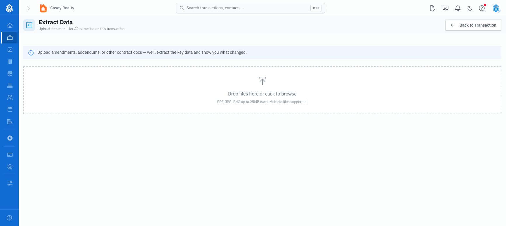Existing transaction Extract Data page with a drag-and-drop upload area for amendments, addendums, or other contract documents