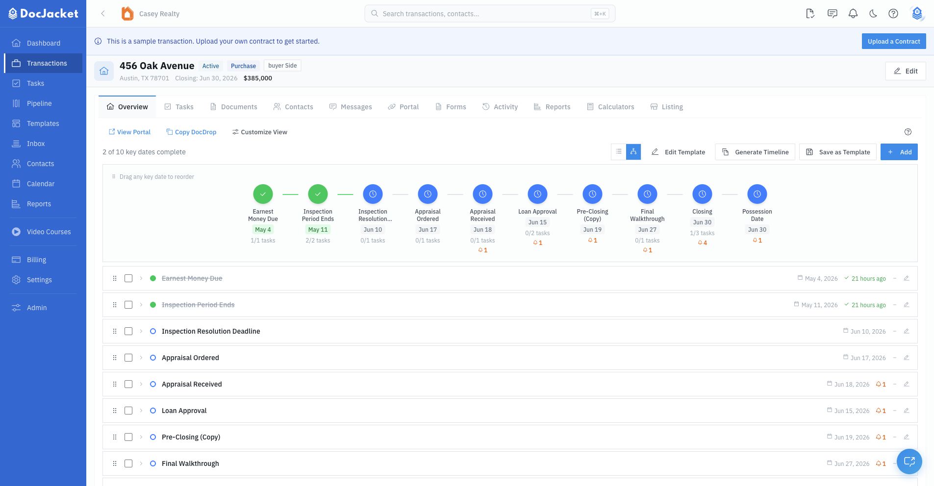 Transaction overview showing the transaction tabs, key date timeline, checklist controls, and topbar