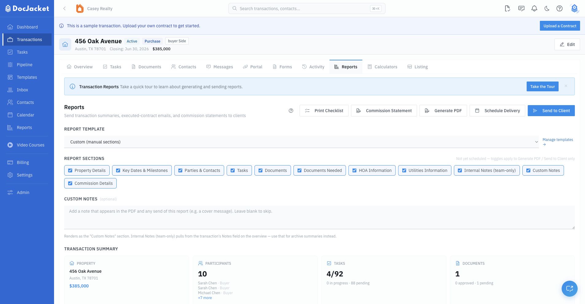 Transaction Reports tab with report template, section toggles, PDF, schedule, and send controls