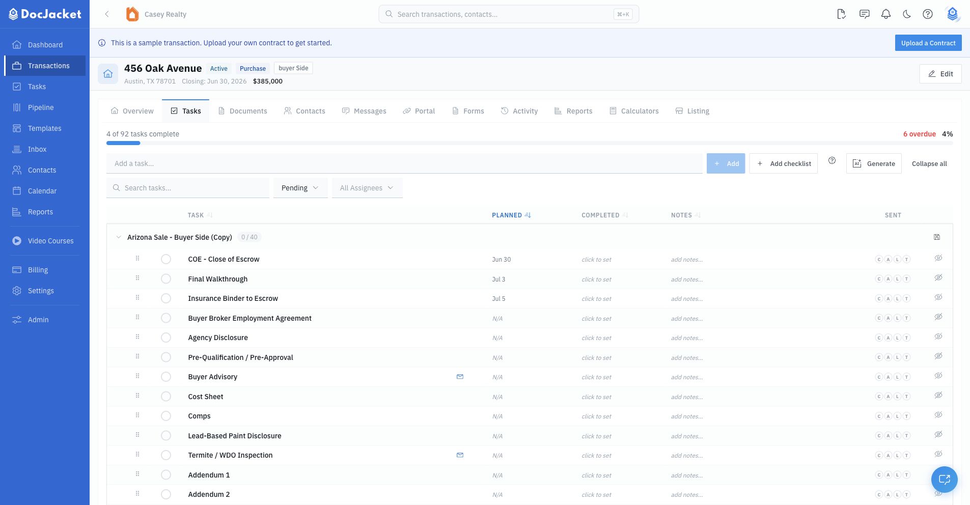 Transaction Tasks tab where clicking a task opens Task Details