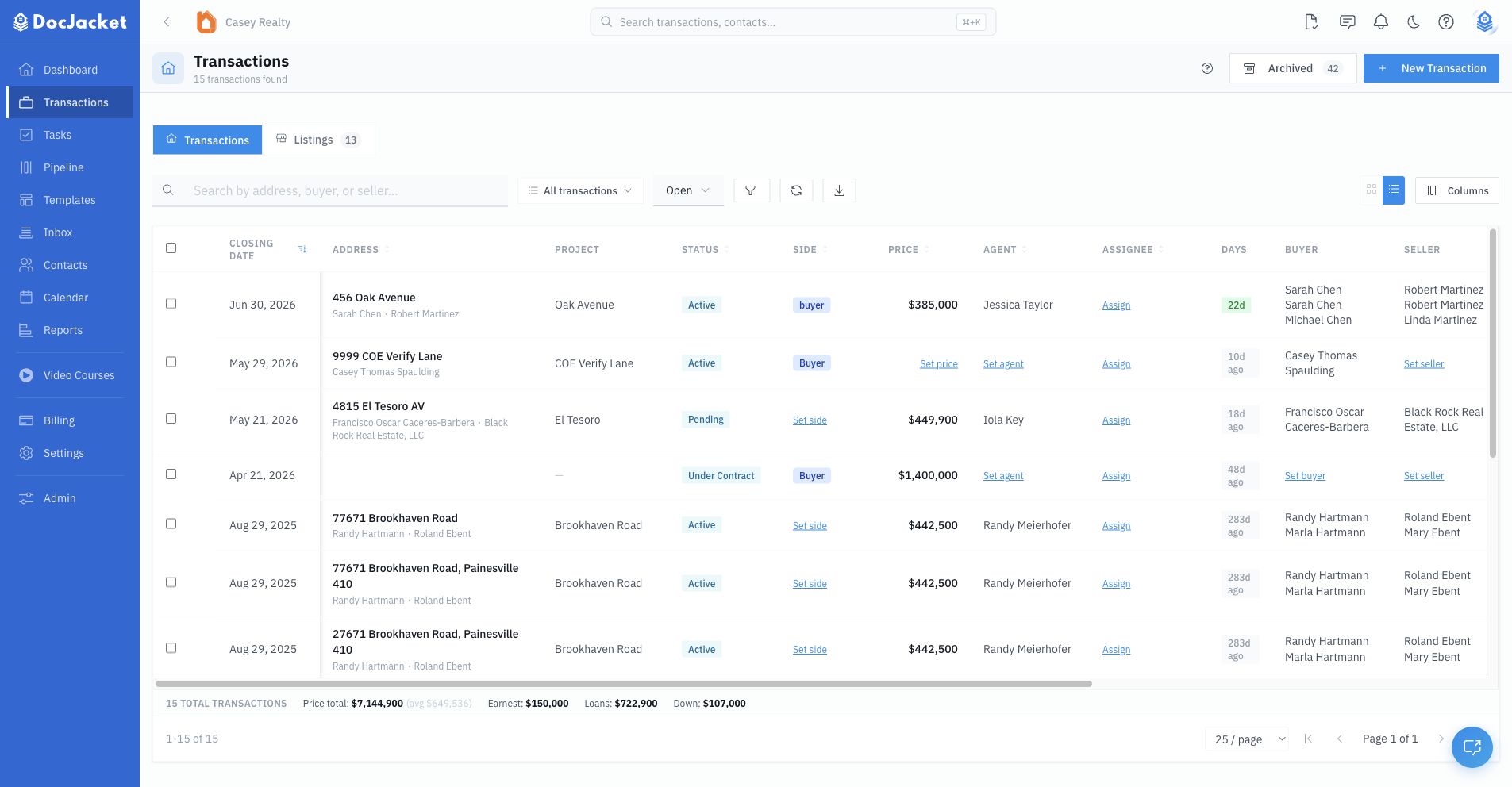 Transactions page with filters, columns, saved views, and transaction rows