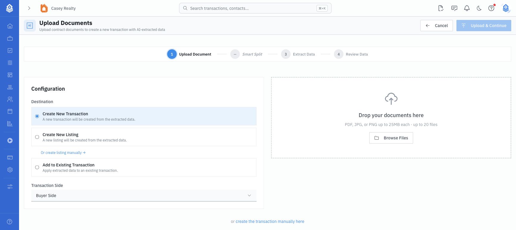 Upload Documents wizard with destination choices for creating a transaction, creating a listing, or adding extraction results to an existing transaction