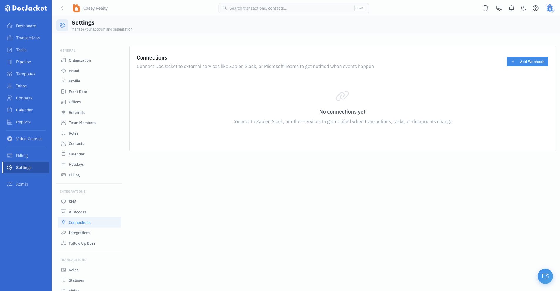 Connections page for webhook setup