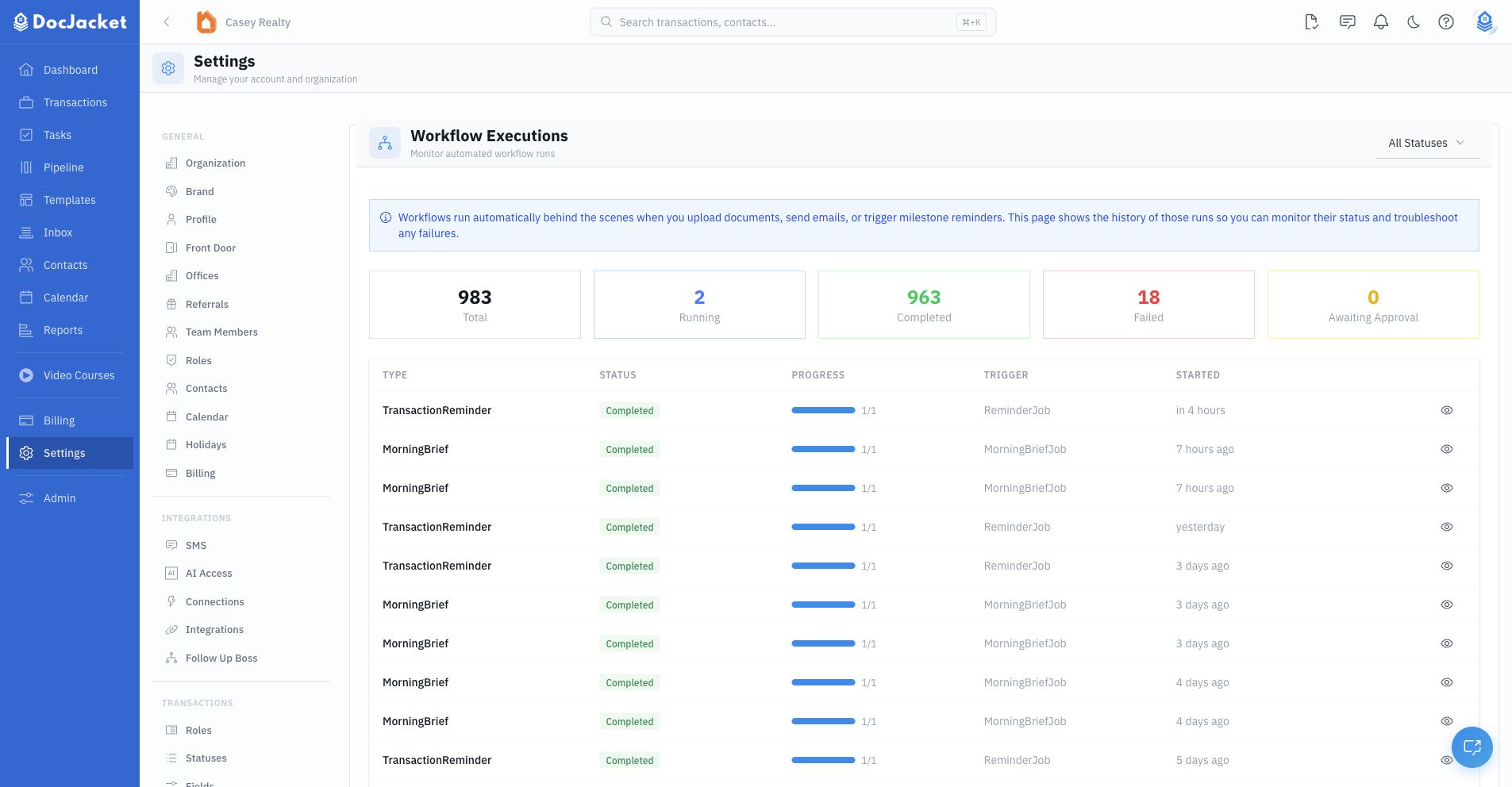 Workflow executions dashboard